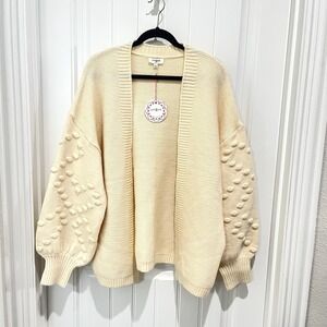 Umgee Ivory Open Front Cardigan Balloon Sleeves‎ Pom Pom's LRG NWT